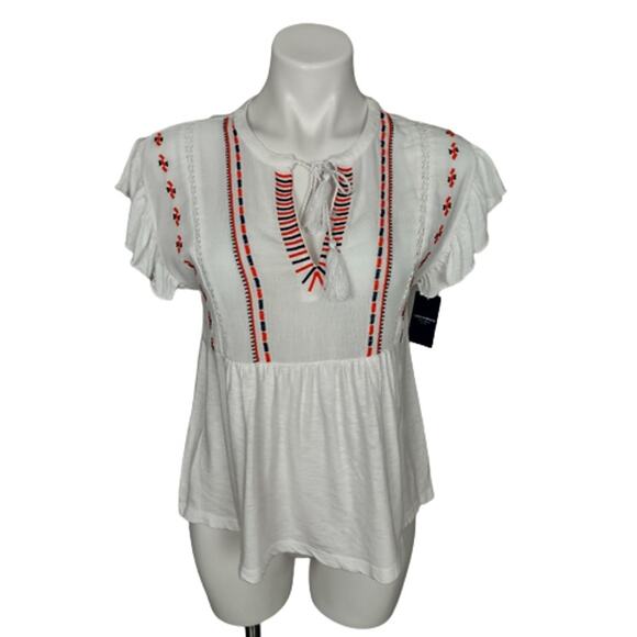 Lucky Brand White Boho Peasant Embroidered Blouse Size Small - Picture 2 of 14